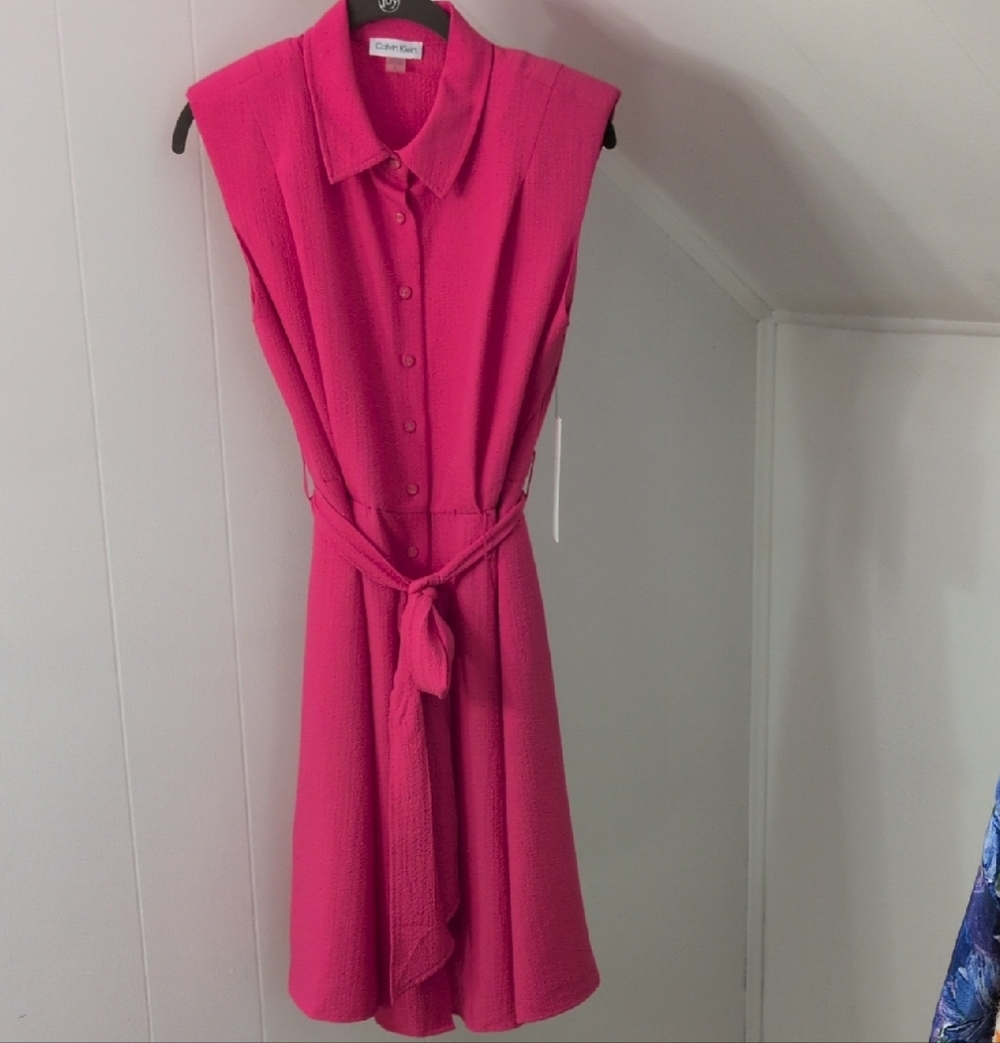 Calvin Klein Fuchsia Pink Sleeveless Midi Shirt Dress